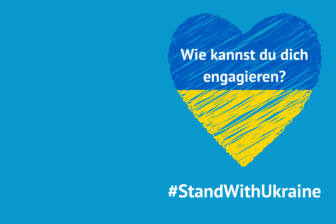 Herz in Ukraine-Farben: Wie engagierst du dich? #StandWithUkraine und das Logo von Engagement Macht Stark