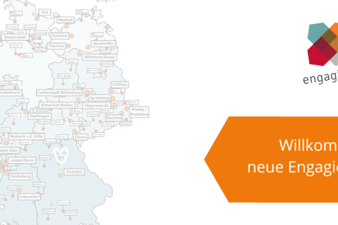 Im Hintergrund eine Deutschlandkarte mit Markierungen der Engagierten Städte. Logo der Engagierten Stadt. Text: Willkommen an 14 neue Engagierte Städte.